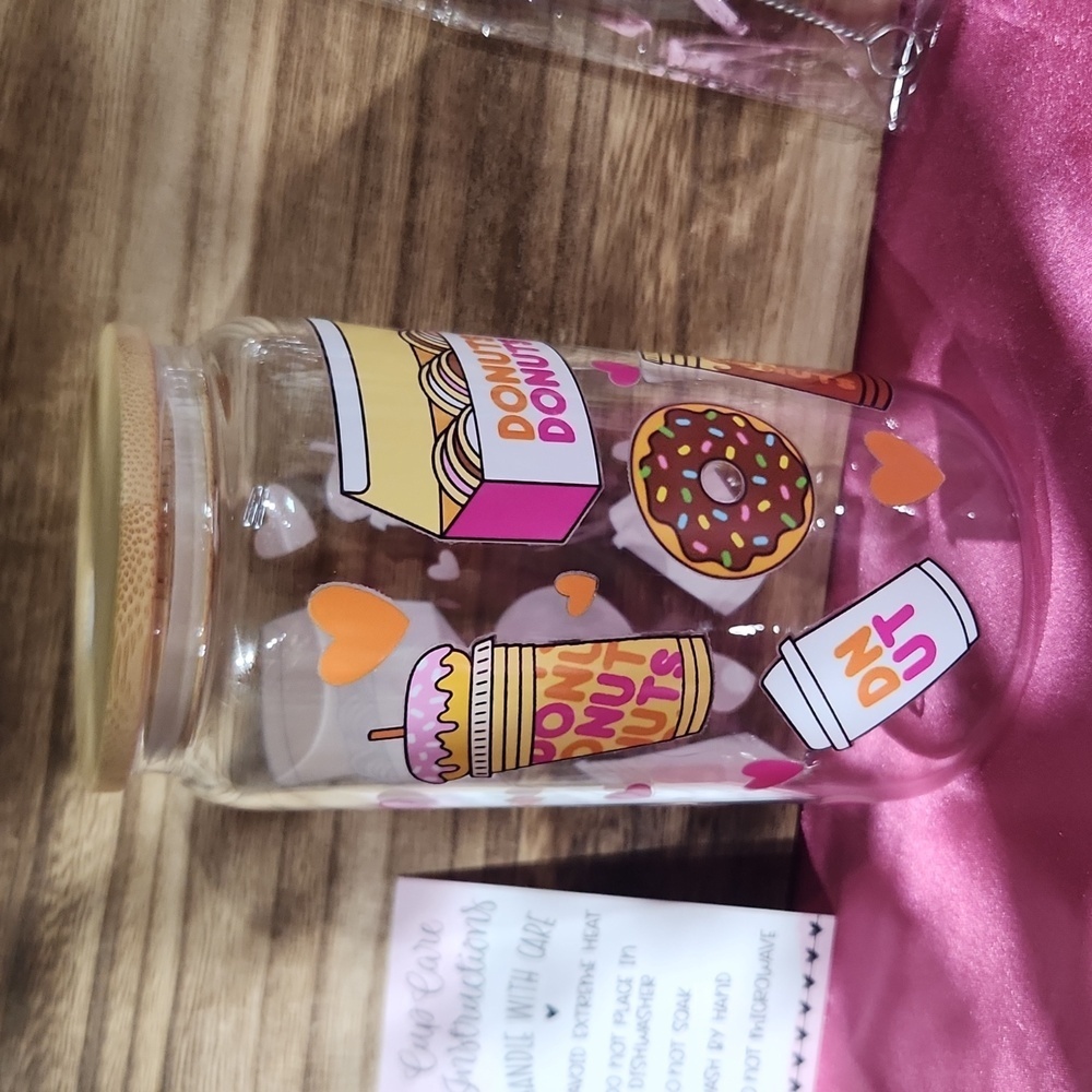 Handmade 16oz Donut and Coffee Shop Cup with Bamboo Lid, Metal Straw, and Straw